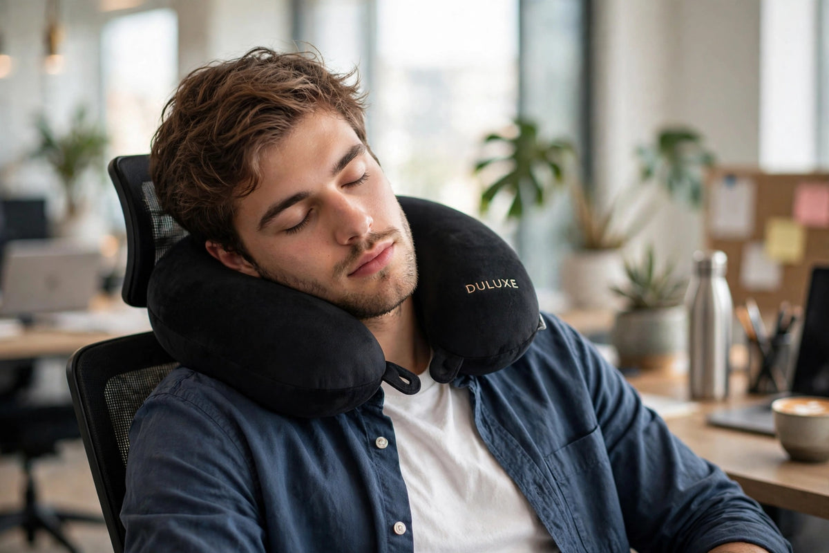 Sieste réparatrice au bureau avec l'Oreiller de Voyage en U DULUXE noir