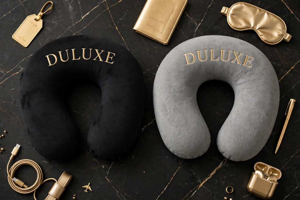 Les 2 couleurs de l'Oreiller de Voyage en U DULUXE : Noir et Gris, finition dorée