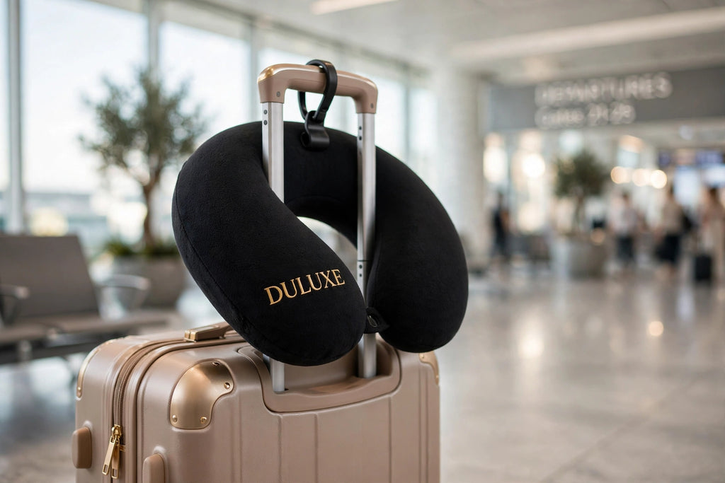 Oreiller de Voyage en U DULUXE noir accroché à une valise à l'aéroport – léger et facile à transporter