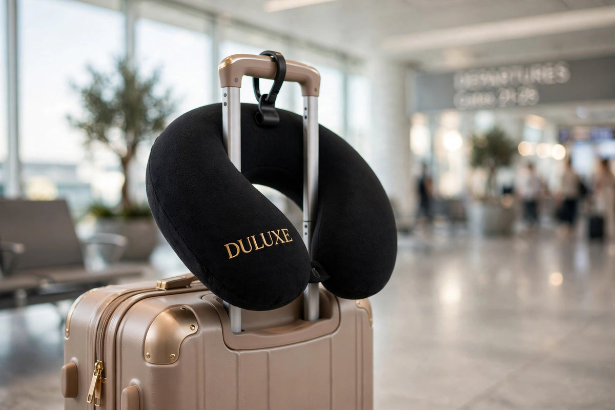 Oreiller de Voyage en U DULUXE noir accroché à une valise à l'aéroport – léger et facile à transporter