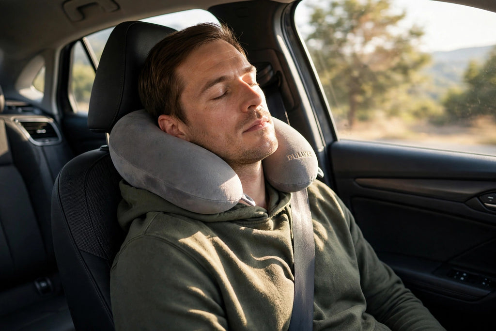Passager dormant en voiture avec l'Oreiller de Voyage en U DULUXE gris