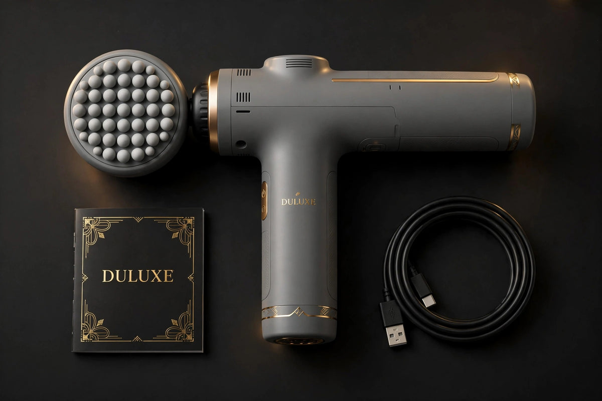 Contenu du colis DULUXE : pistolet de massage multi-têtes, câble de recharge et guide d'utilisation