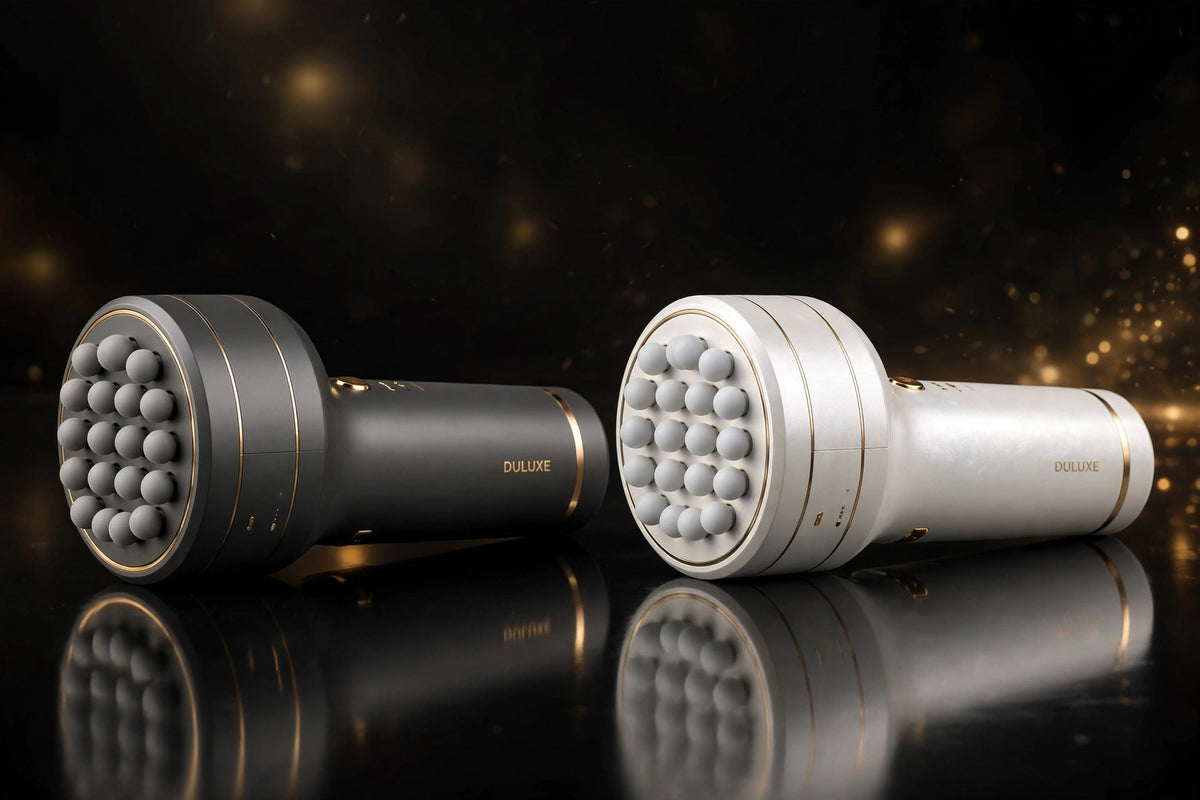 Les deux coloris du pistolet de massage DULUXE : Gris anthracite et Blanc nacré