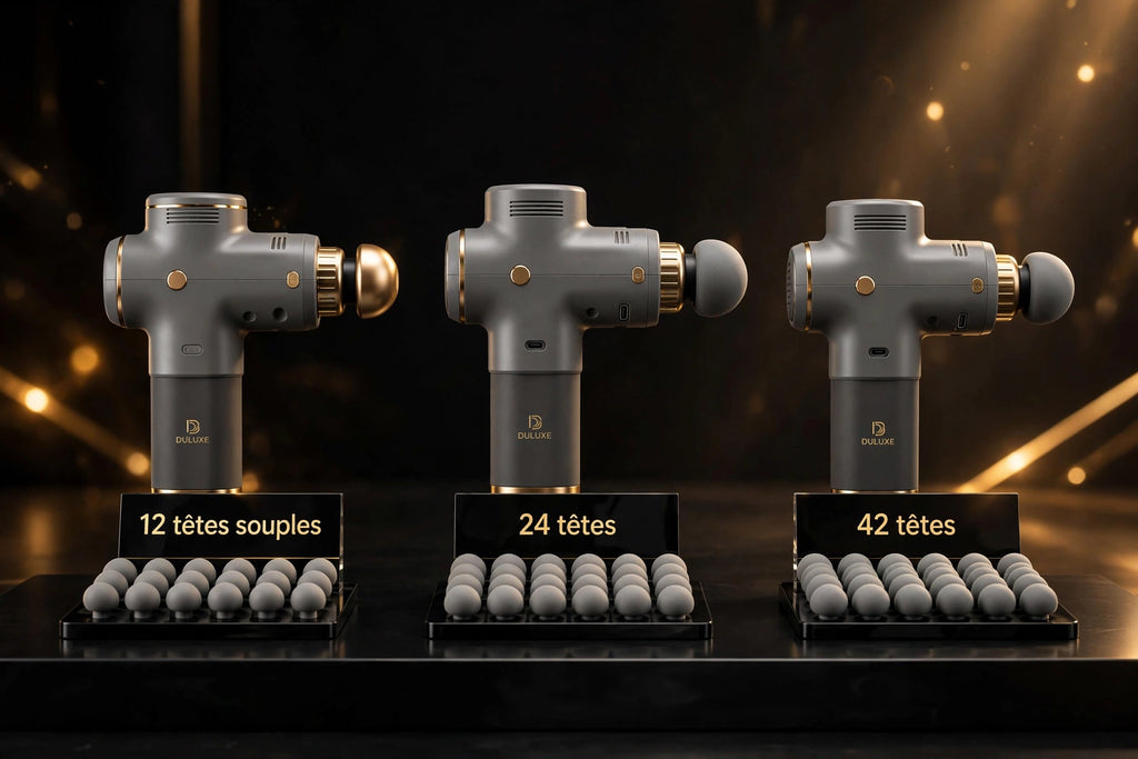 Les trois configurations du pistolet de massage DULUXE : 12, 24 et 42 têtes côte à côte