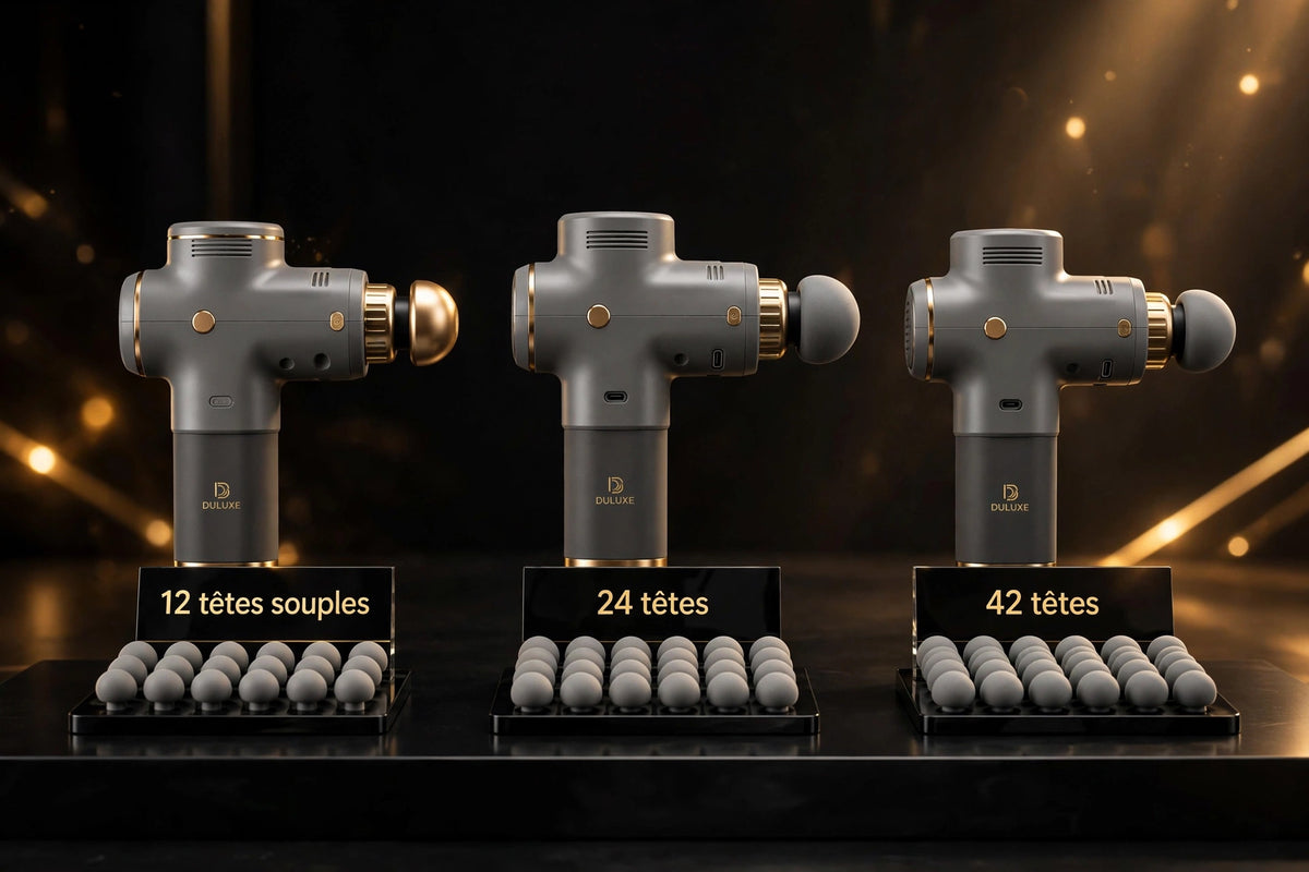 Les trois configurations du pistolet de massage DULUXE : 12, 24 et 42 têtes côte à côte