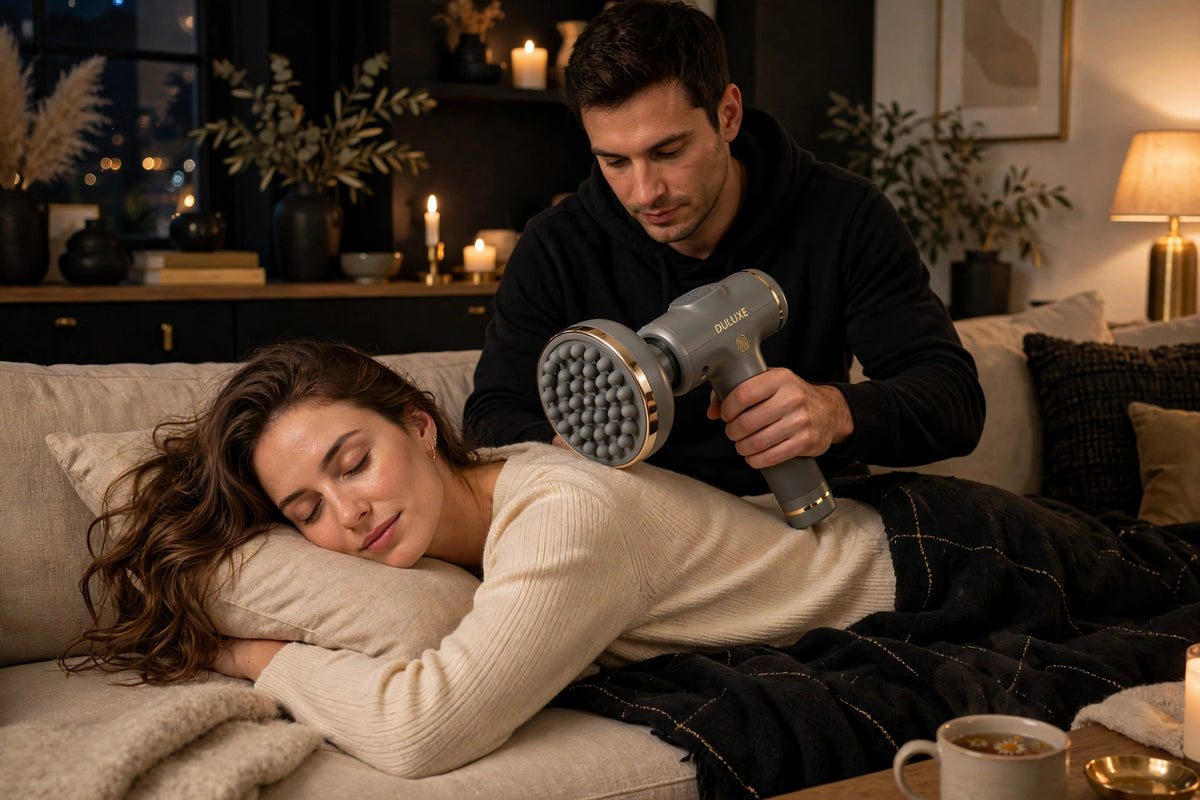 Massage du dos à la maison avec le pistolet multi-têtes DULUXE, moment détente sur le canapé
