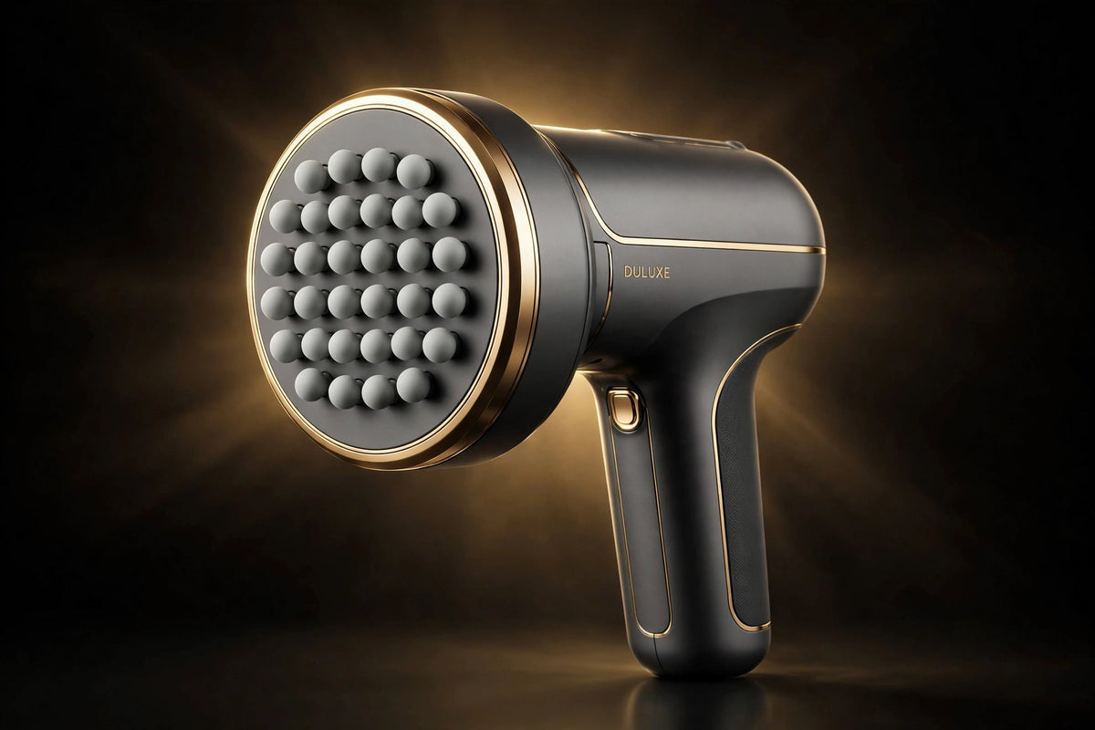Pistolet de massage multi-têtes DULUXE : grande plaque de 42 têtes souples, finition noire et dorée