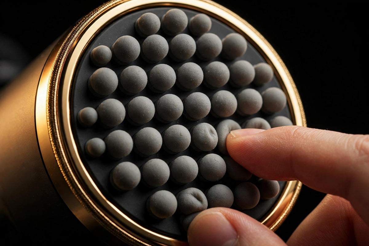 Gros plan sur les 42 têtes de massage souples en silicone du pistolet DULUXE