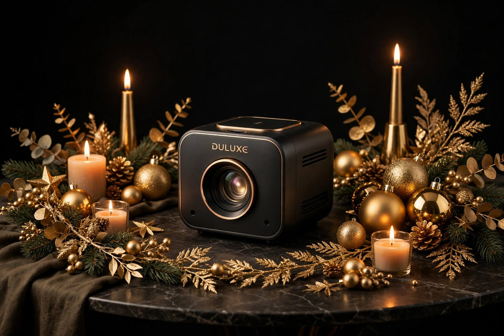 Projecteur de Noël posé sur une table aux décorations dorées