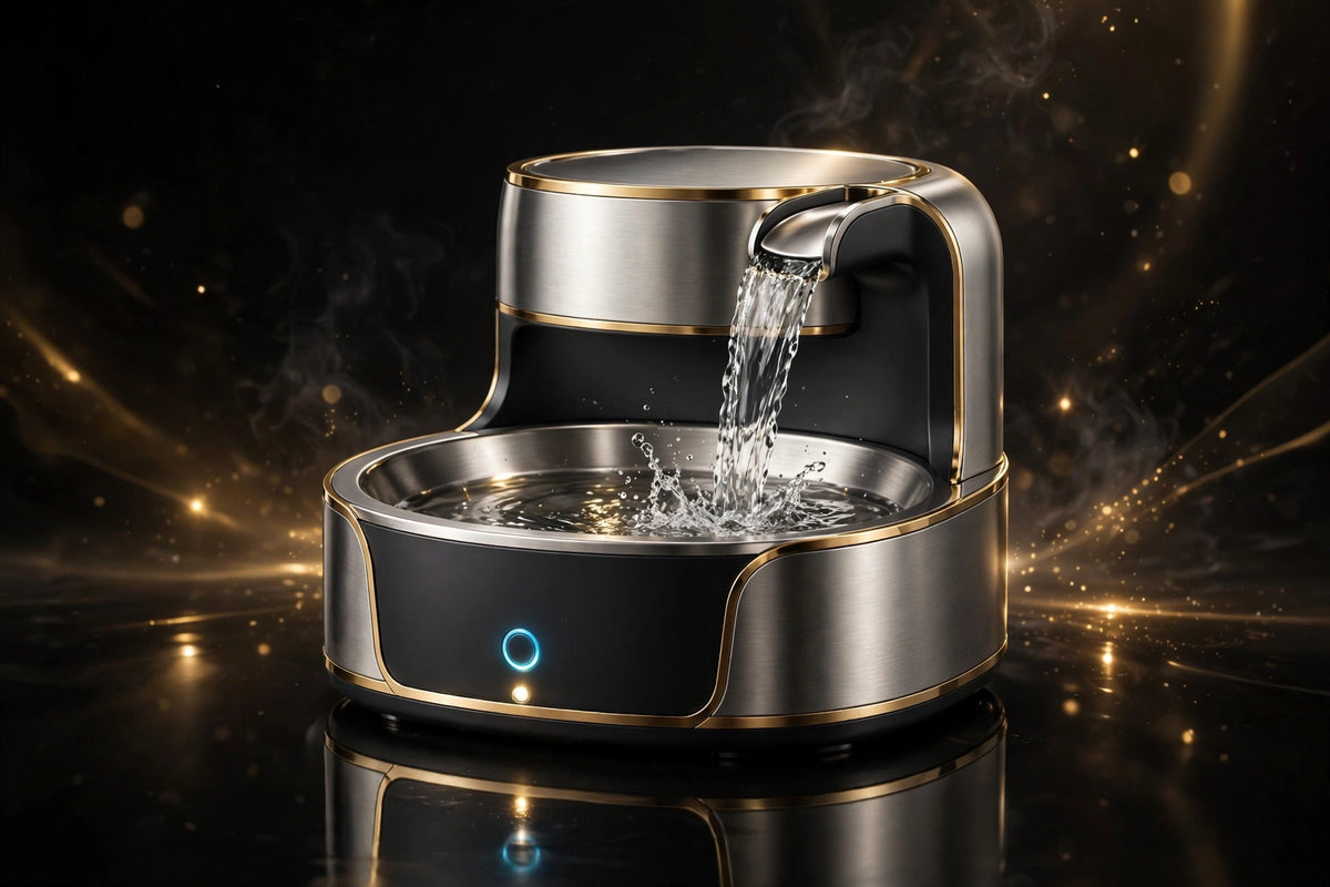 Fontaine à Eau pour Chat DULUXE noire et dorée sur fond luxueux