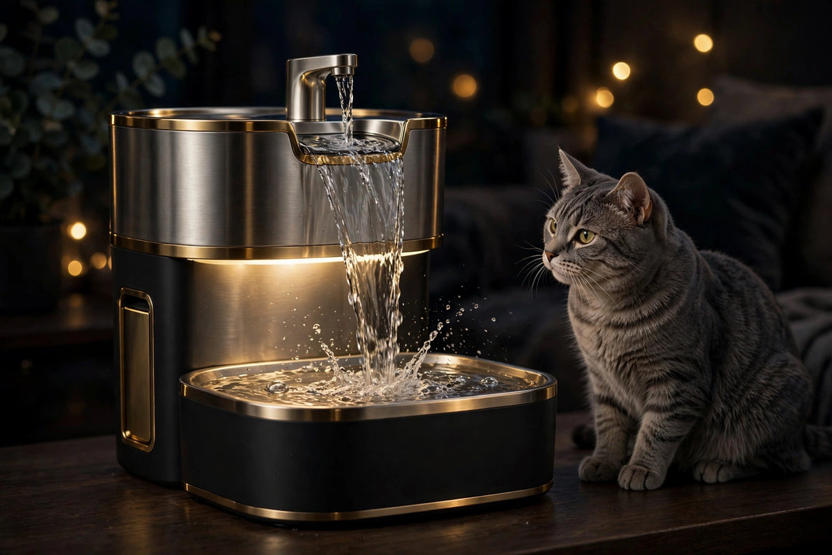 Fontaine pour chat le soir, voyant lumineux doux et chat à côté