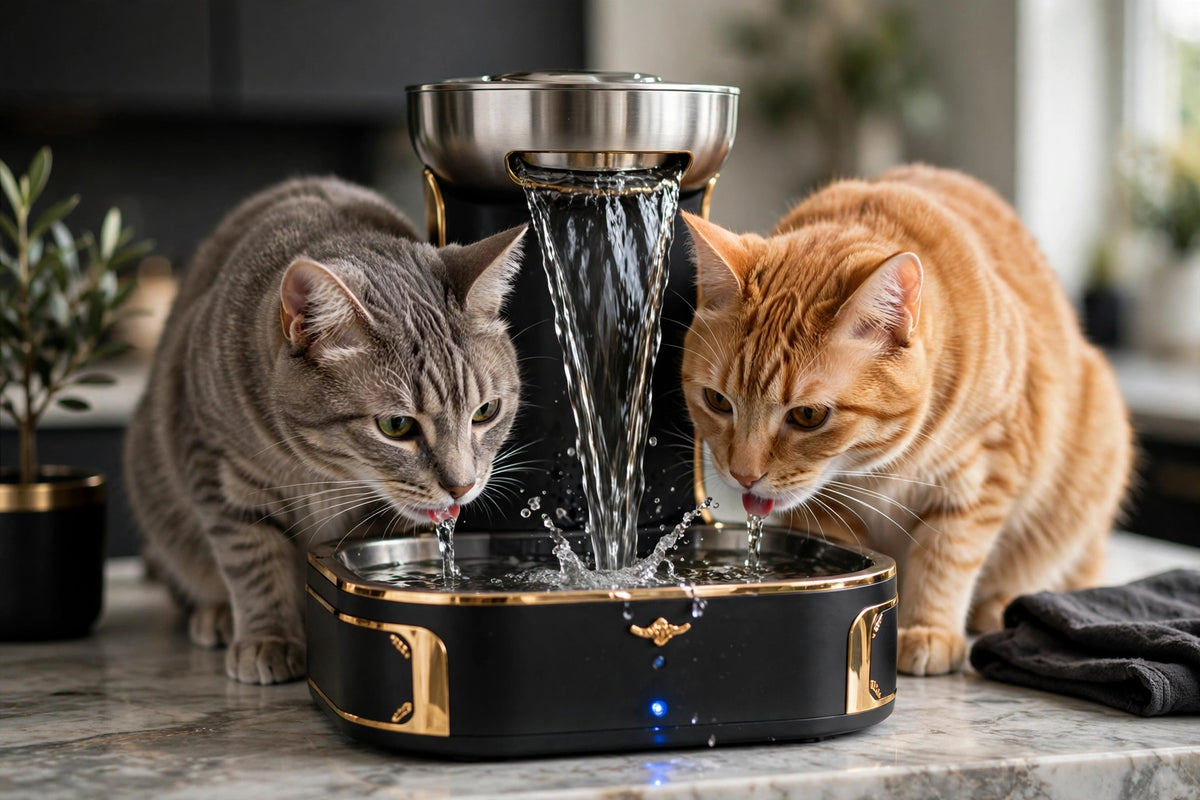 Deux chats buvant ensemble à la fontaine à eau