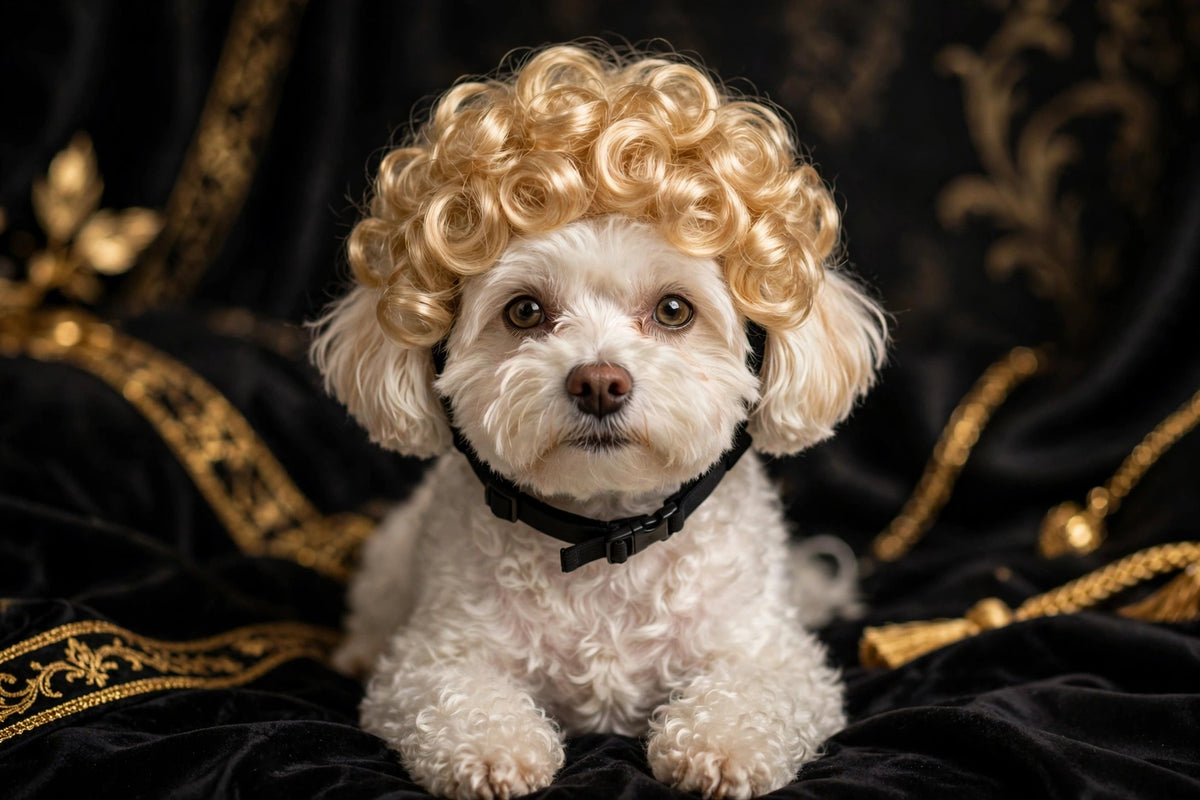 Petit chien avec la perruque bouclée blonde