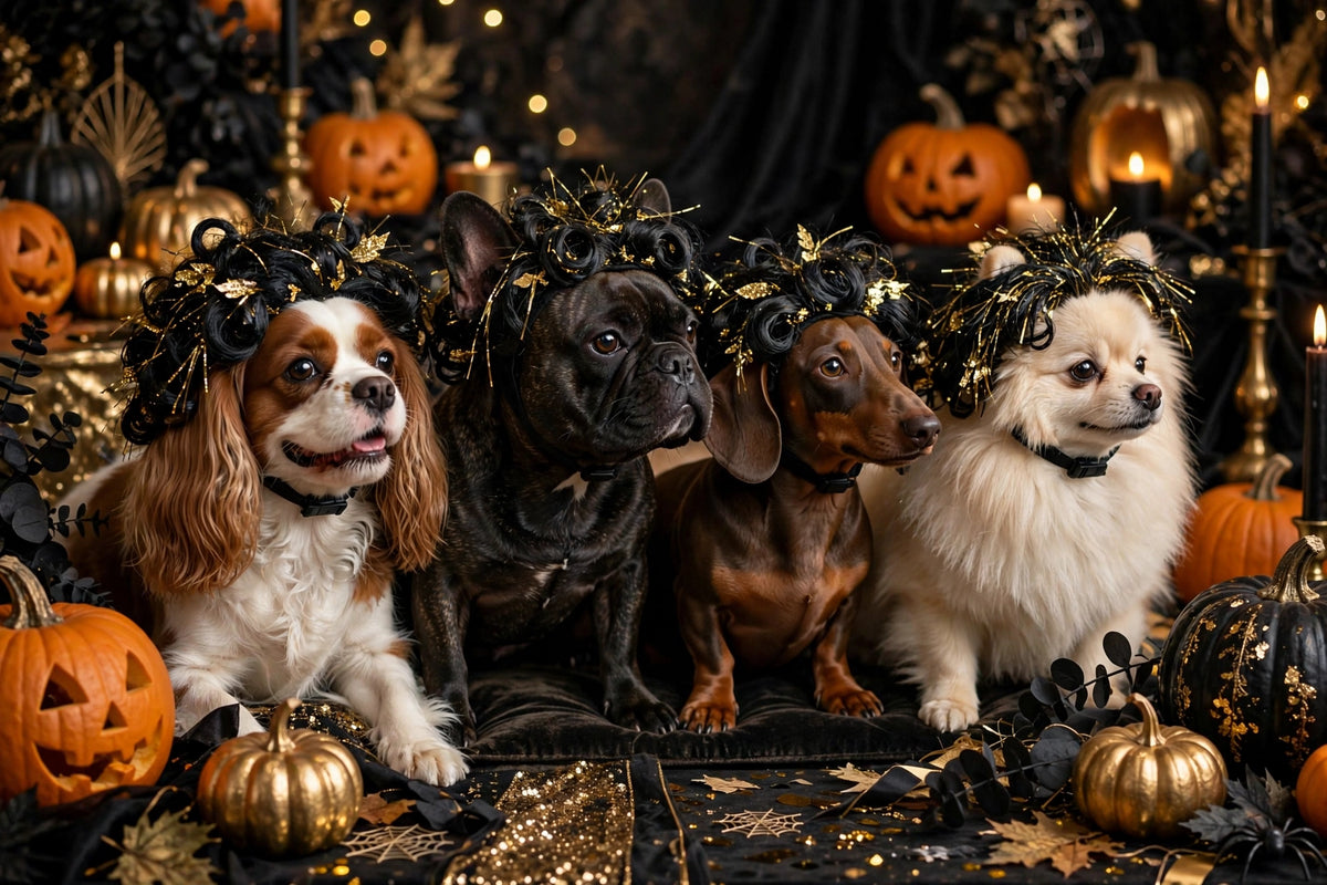 Chiens déguisés en perruques à une fête d'Halloween avec citrouilles