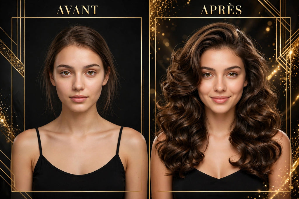Cheveux avant et après le Spray Volumisant DULUXE : apparence plus épaisse et volumineuse