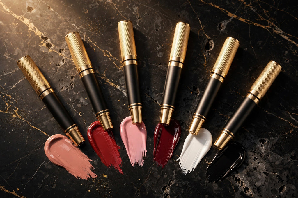Éventail des 6 teintes du stylo vernis DULUXE – du nude rosé au noir abyssal