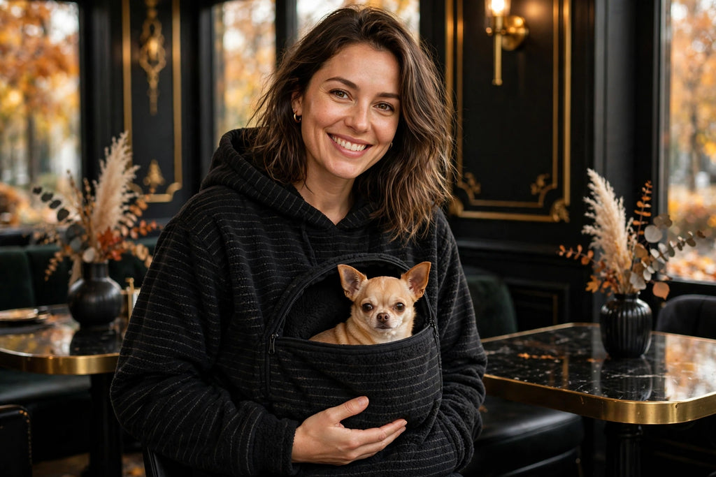 Sweat à Capuche Porte-Animal DULUXE noir – très petit chien chihuahua blotti dans la poche kangourou