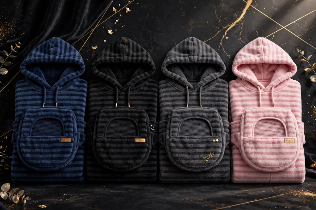 Les 4 couleurs du Sweat à Capuche Porte-Animal DULUXE : Bleu Marine, Noir, Gris Foncé et Rose