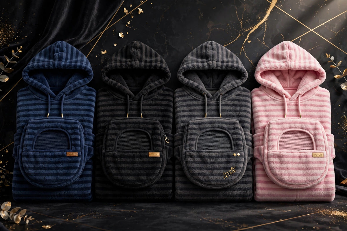 Les 4 couleurs du Sweat à Capuche Porte-Animal DULUXE : Bleu Marine, Noir, Gris Foncé et Rose