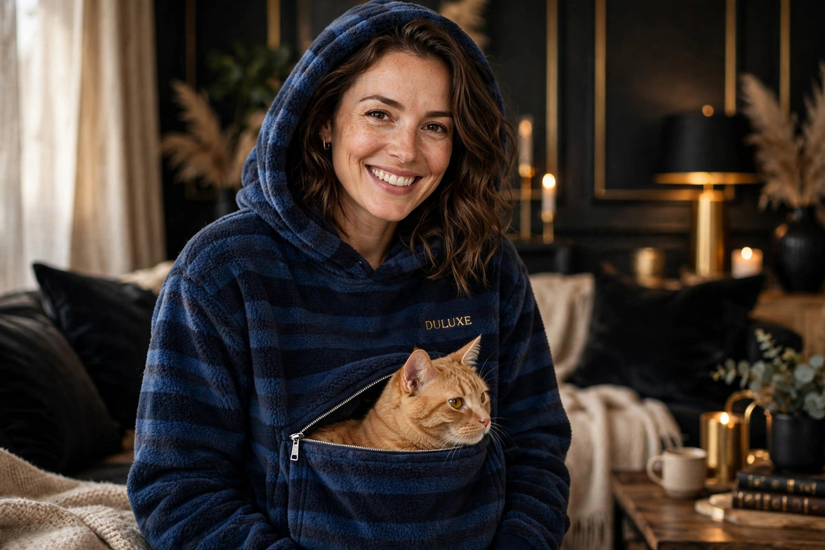 Sweat à Capuche Porte-Animal DULUXE bleu marine – femme souriante avec son chat dans la poche ventrale zippée
