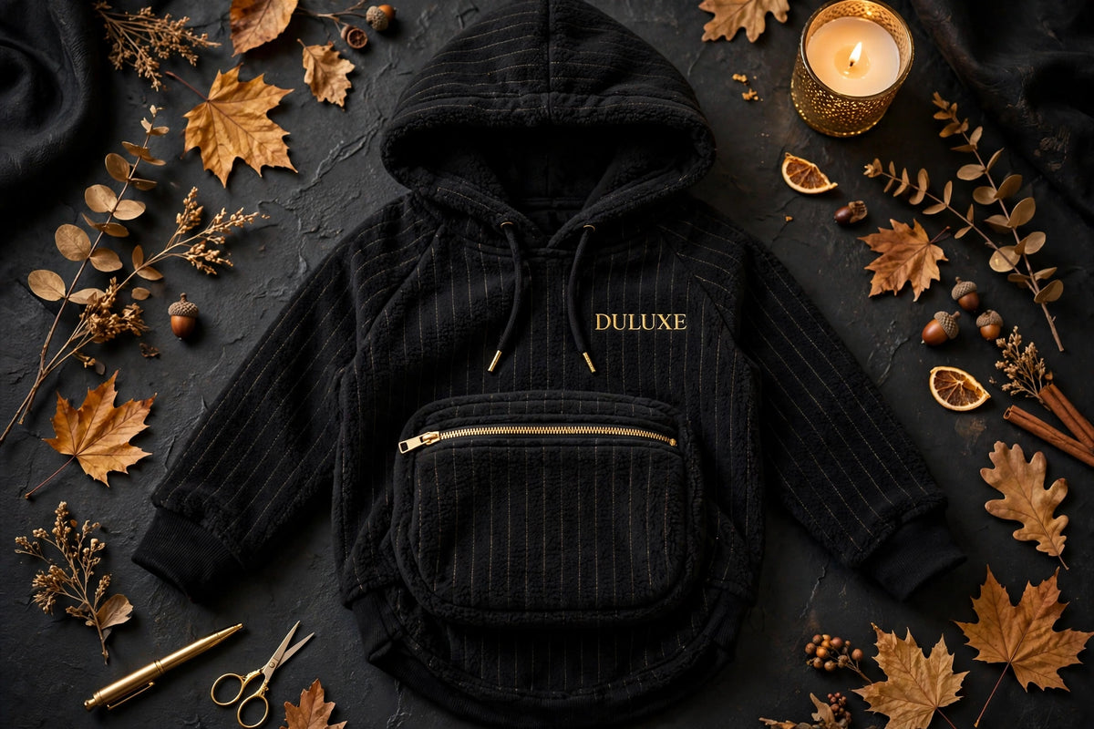 Sweat à Capuche Porte-Animal DULUXE noir à plat – poche ventrale zippée et broderie dorée DULUXE
