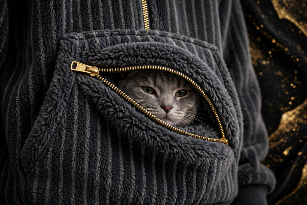 Grande poche ventrale zippée du Sweat Porte-Animal DULUXE gris foncé – fermeture éclair dorée et chat gris