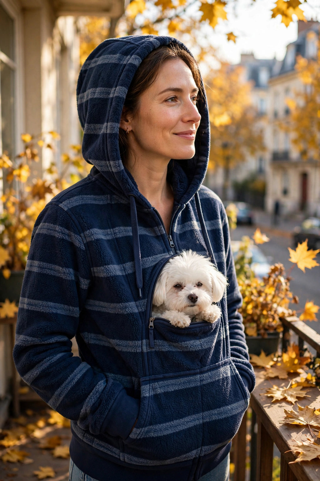 Courte sortie d'automne avec le Sweat Porte-Animal DULUXE bleu marine – petit chien blanc dans la poche