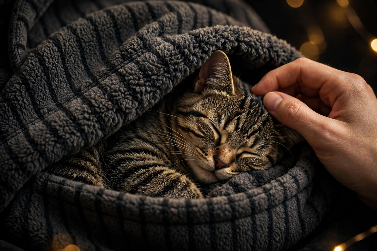 Flanelle polaire épaisse du Sweat Porte-Animal DULUXE gris foncé – douceur de la poche et chat tigré endormi