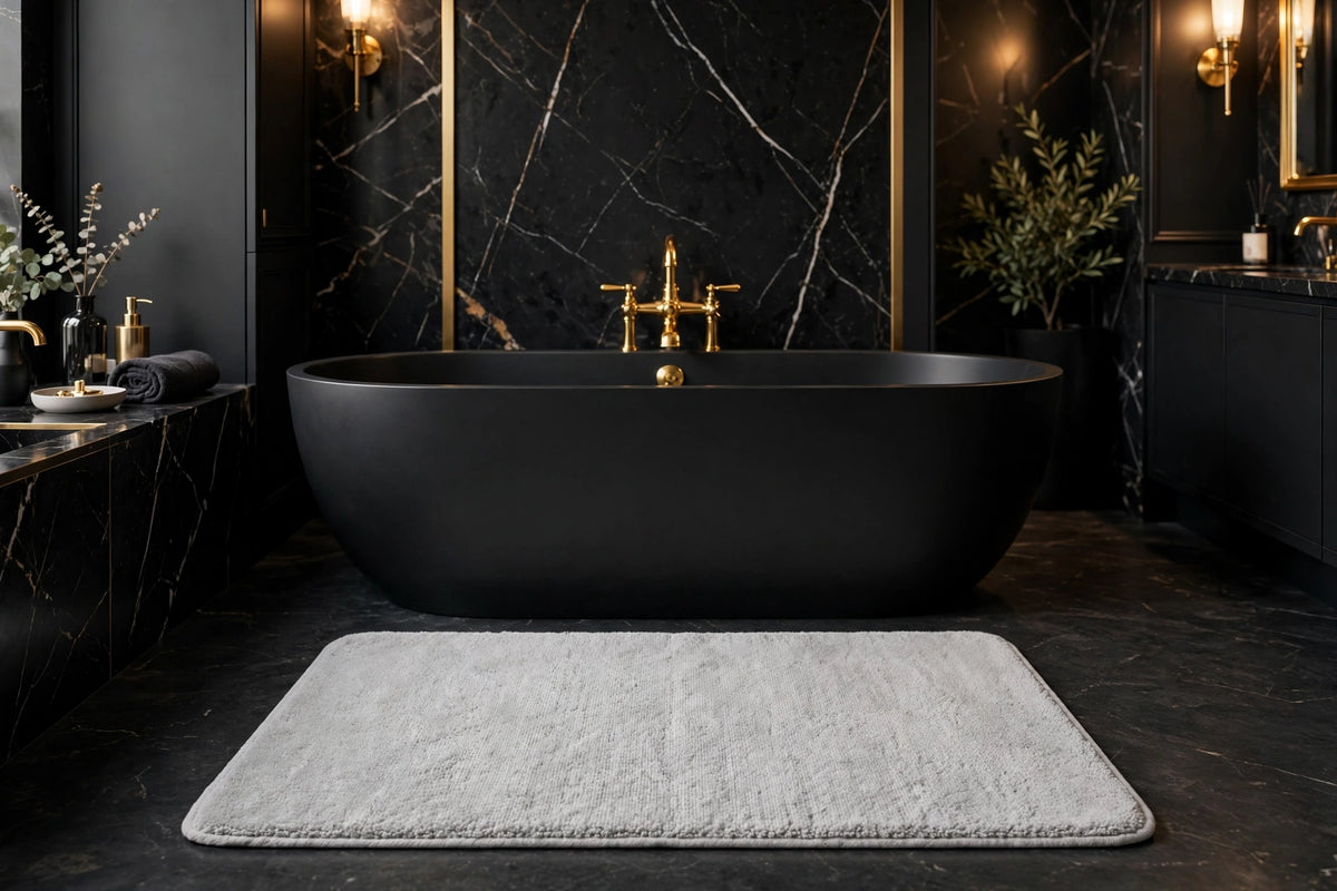 Tapis de Bain Absorbant Antidérapant DULUXE – tapis gris dans une salle de bain luxueuse noir et doré