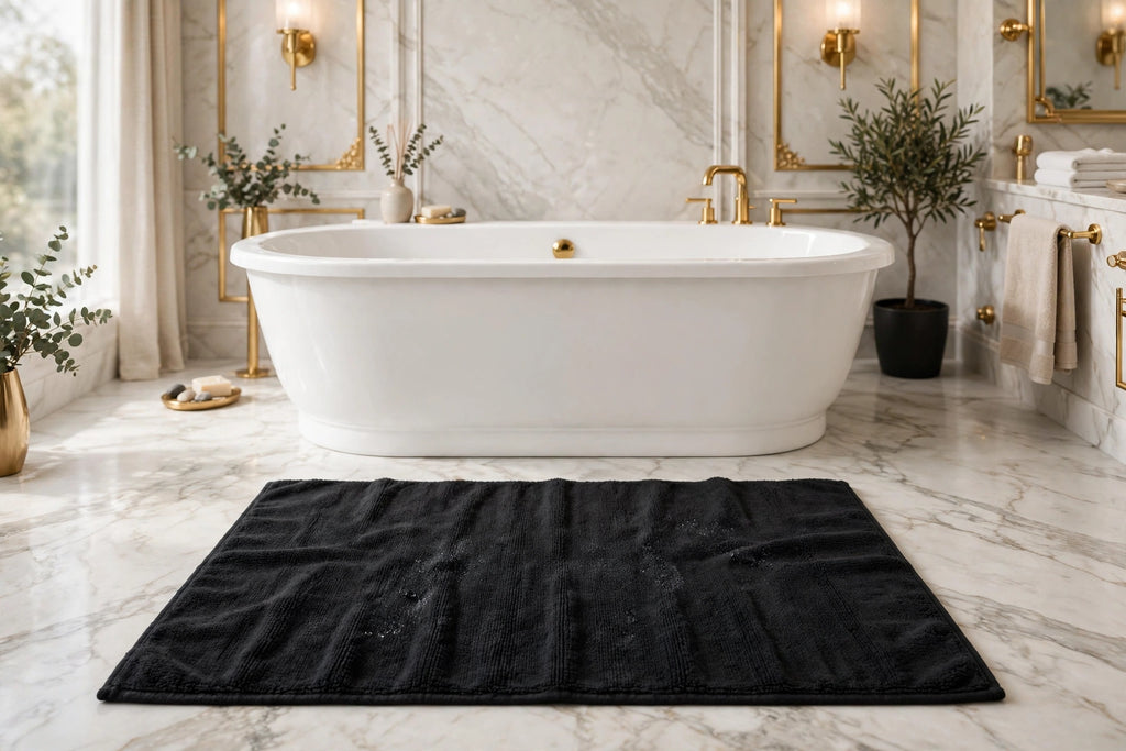 Tapis de Bain DULUXE Noir sur marbre clair, fini élégant
