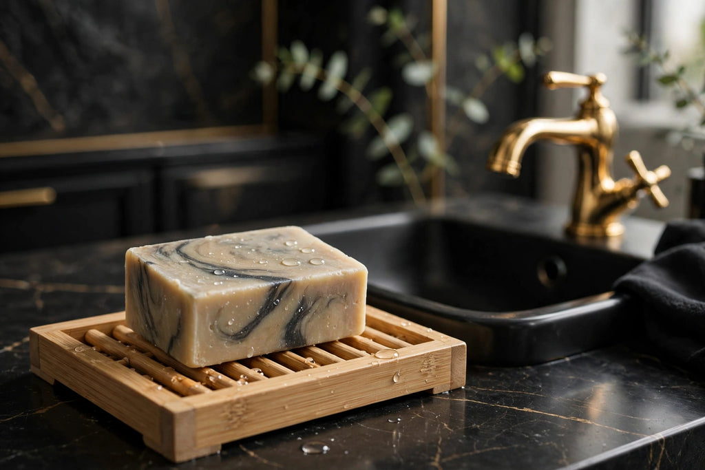 Barre de shampooing solide sur porte-savon en bambou dans une salle de bain premium