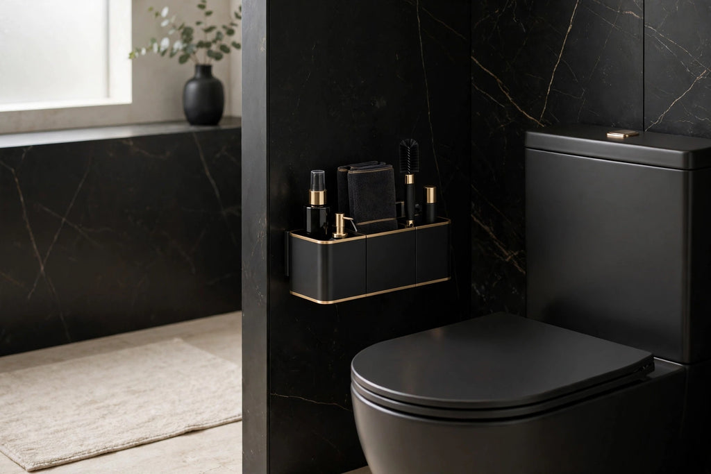 Kit WC rangé discrètement dans son support à côté des toilettes
