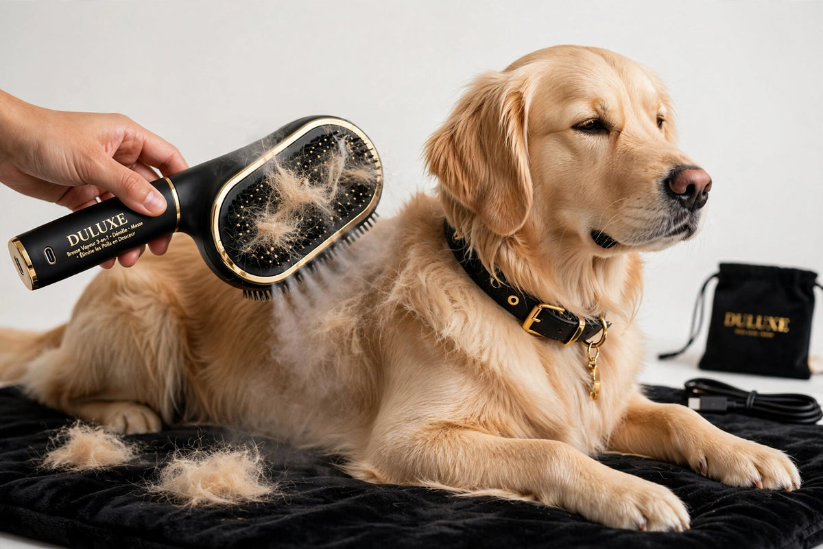 Chien toiletté avec la brosse vapeur, poils récupérés sur la brosse
