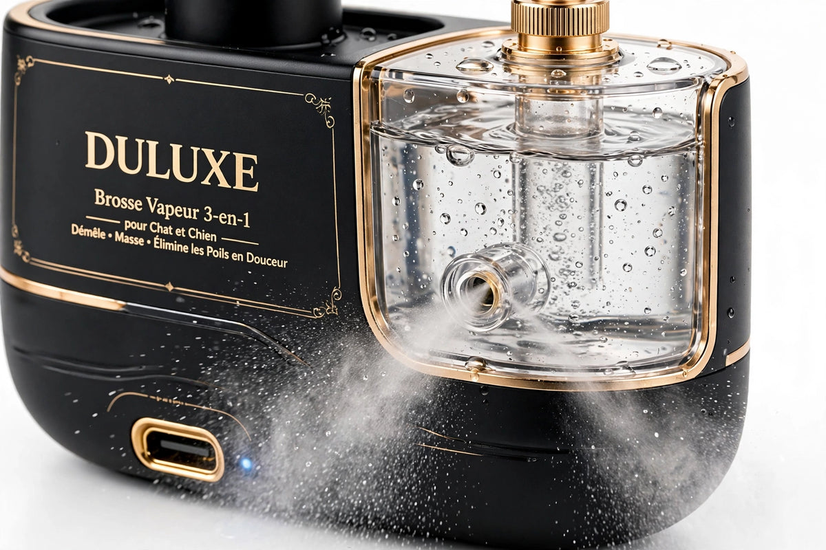 Gros plan du réservoir d'eau et de la brume de la brosse vapeur