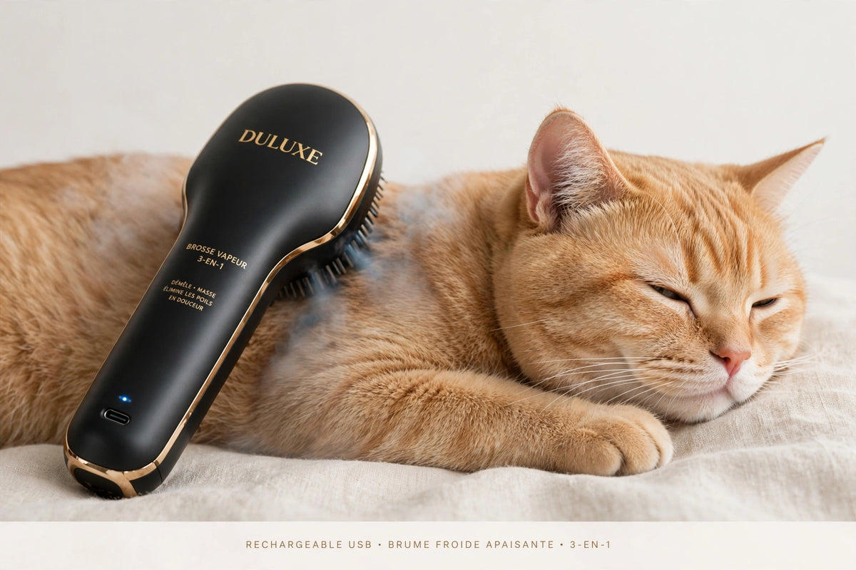 Chat détendu pendant le massage avec la brosse vapeur 3-en-1