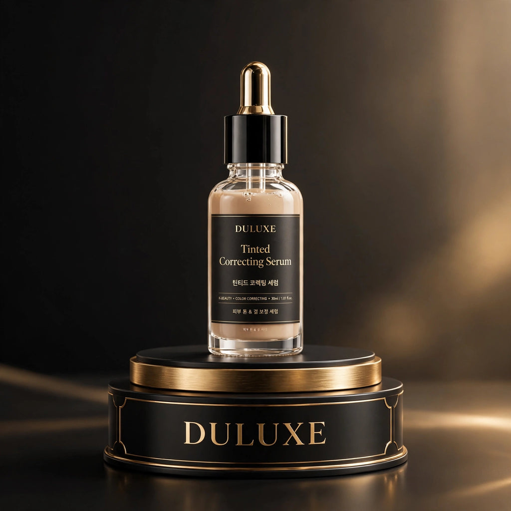 Sérum Teinté Correcteur Coréen DULUXE en flacon pipette sur écrin noir et doré