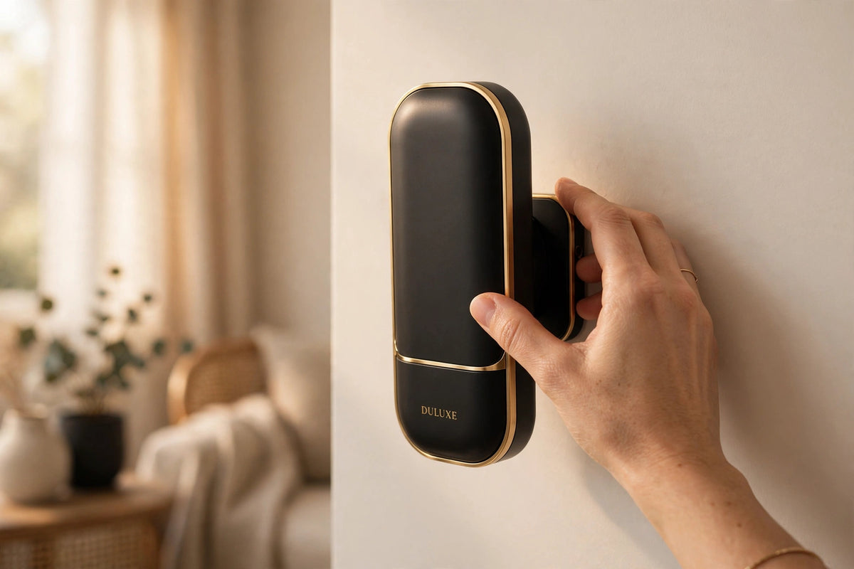 Main posant une applique au mur sans outil ni perçage