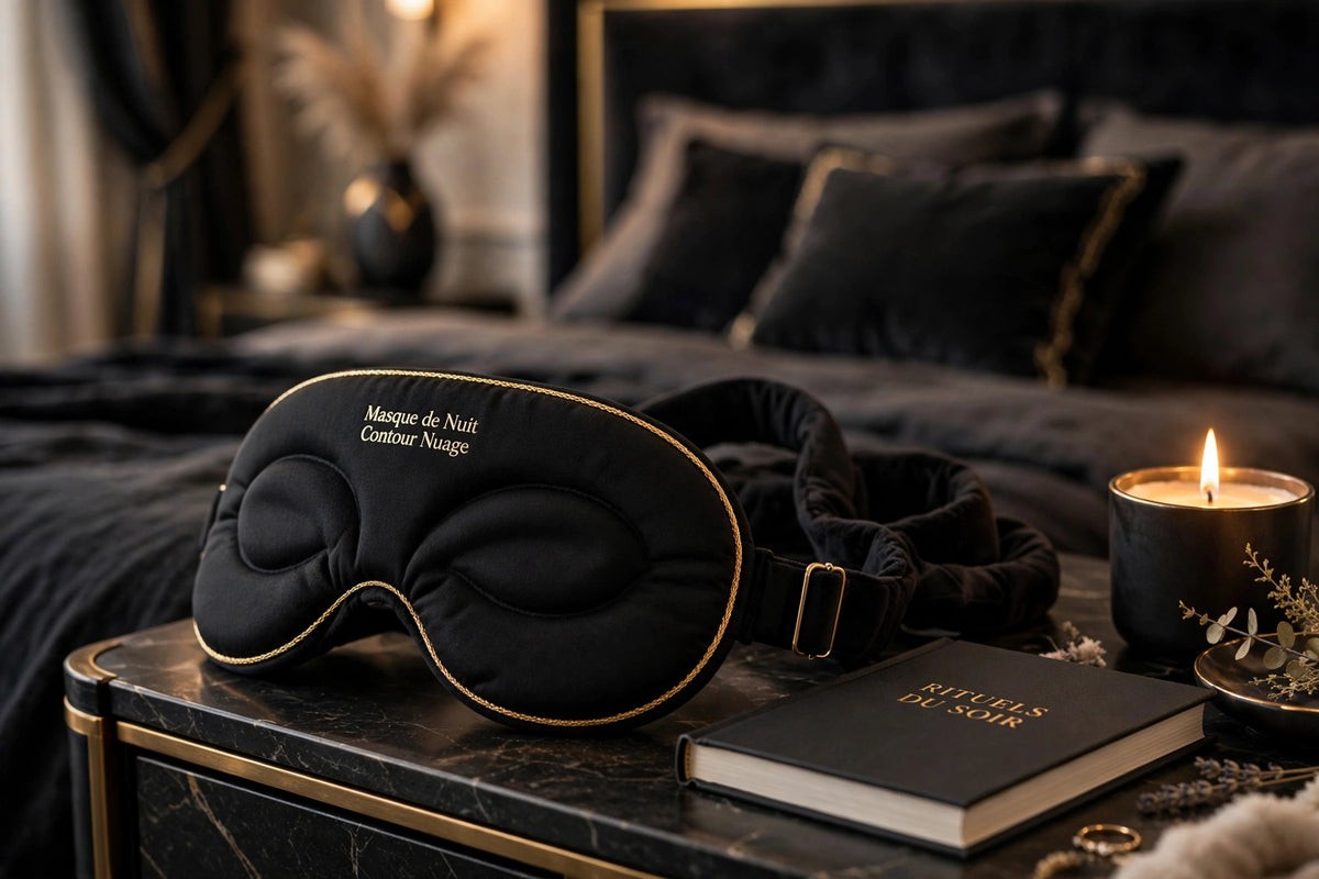 Masque de nuit sur une table de nuit élégante avec livre et bougie