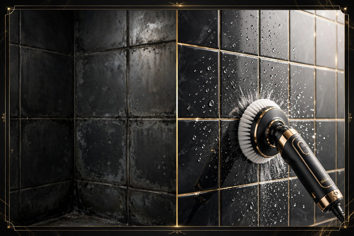 Avant et après : carrelage de douche redevenu éclatant grâce à la brosse rotative
