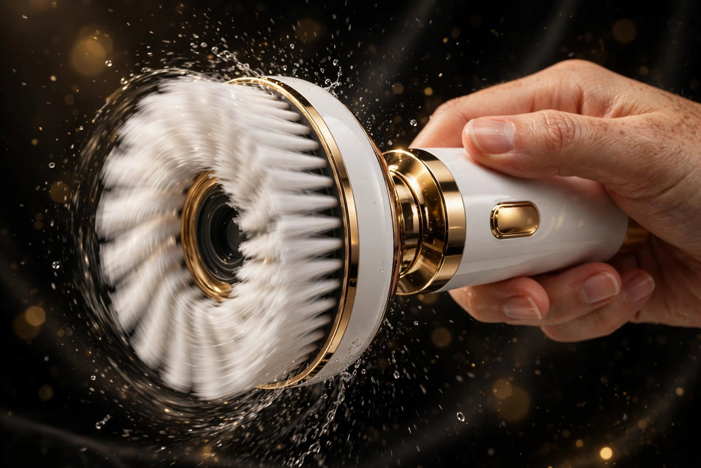 Gros plan de la tête rotative de la brosse tenue en main