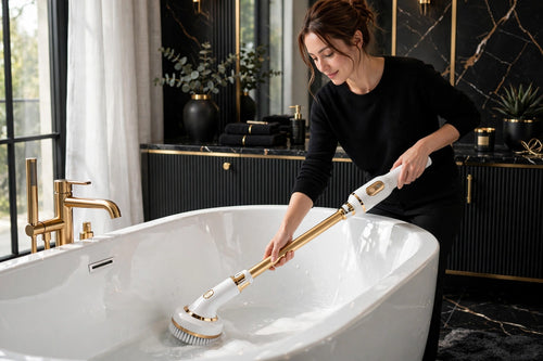 Femme nettoyant sa baignoire sans effort avec la brosse rotative à manche extensible
