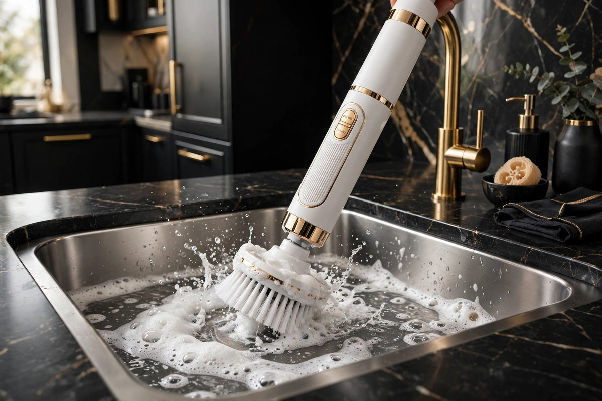Brosse rotative nettoyant un évier de cuisine en inox avec mousse