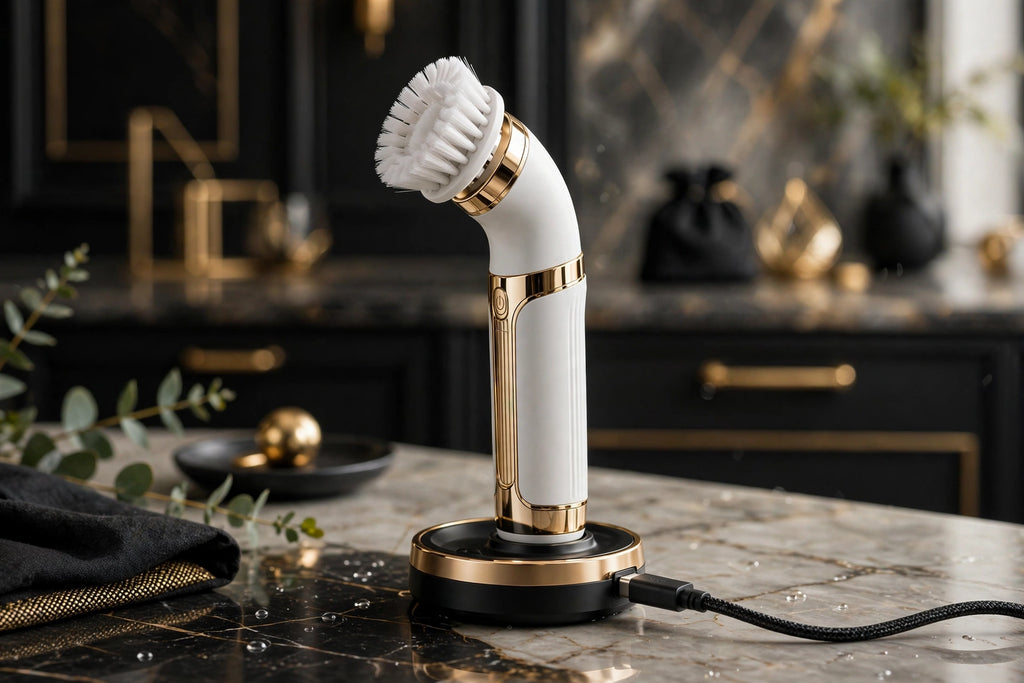 Brosse de nettoyage électrique en charge USB sur un comptoir élégant