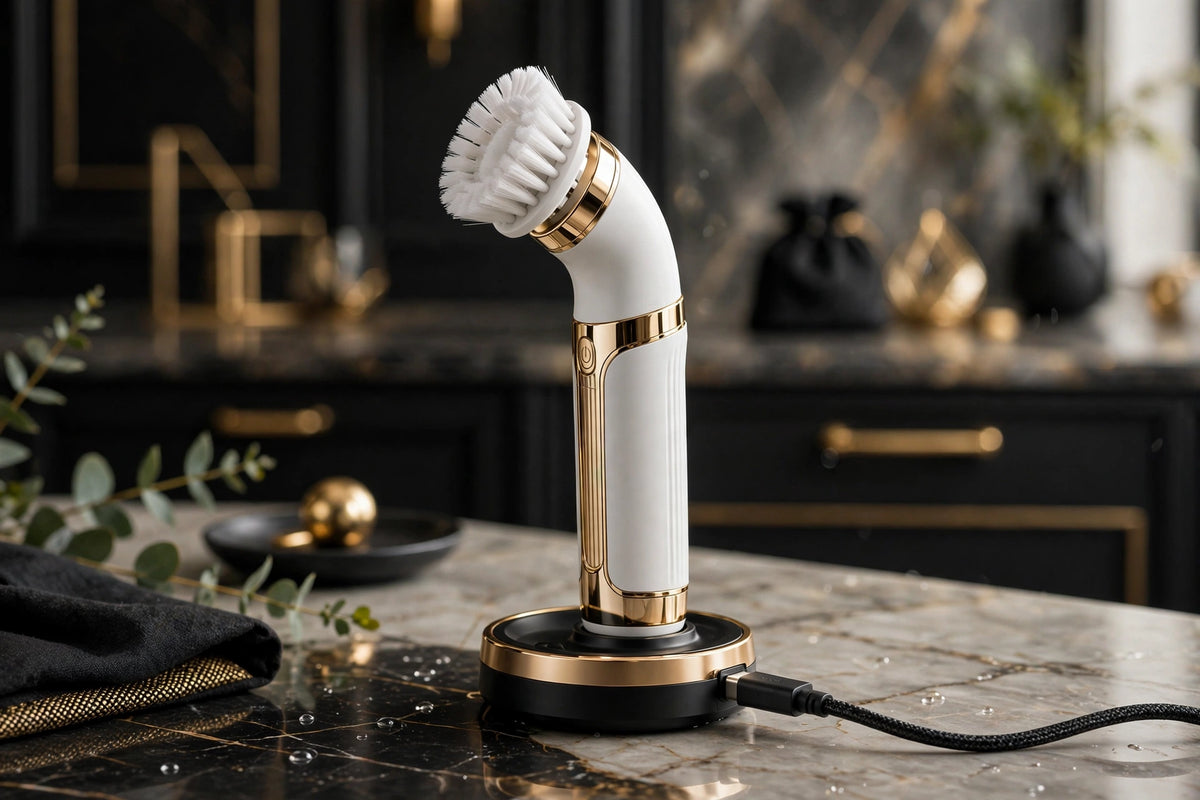 Brosse de nettoyage électrique en charge USB sur un comptoir élégant