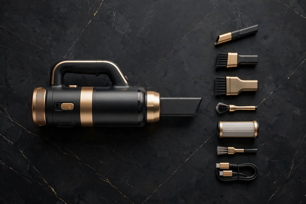 Mini aspirateur avec ses embouts et accessoires sur marbre noir