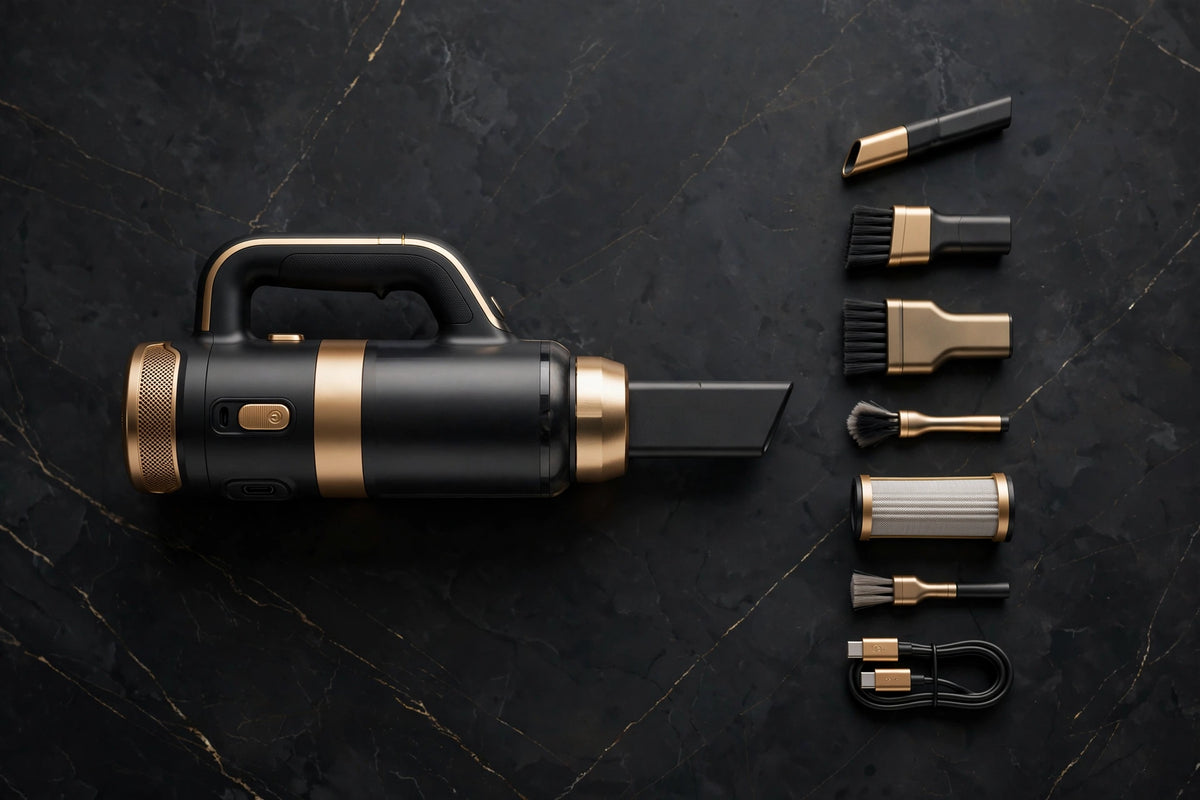 Mini aspirateur avec ses embouts et accessoires sur marbre noir