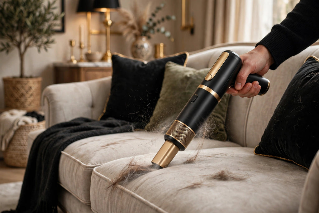 Mini aspirateur éliminant les poils sur un canapé