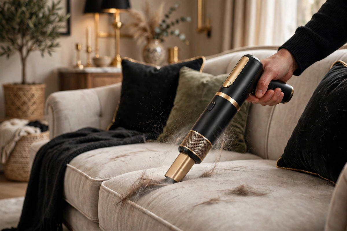 Mini aspirateur éliminant les poils sur un canapé