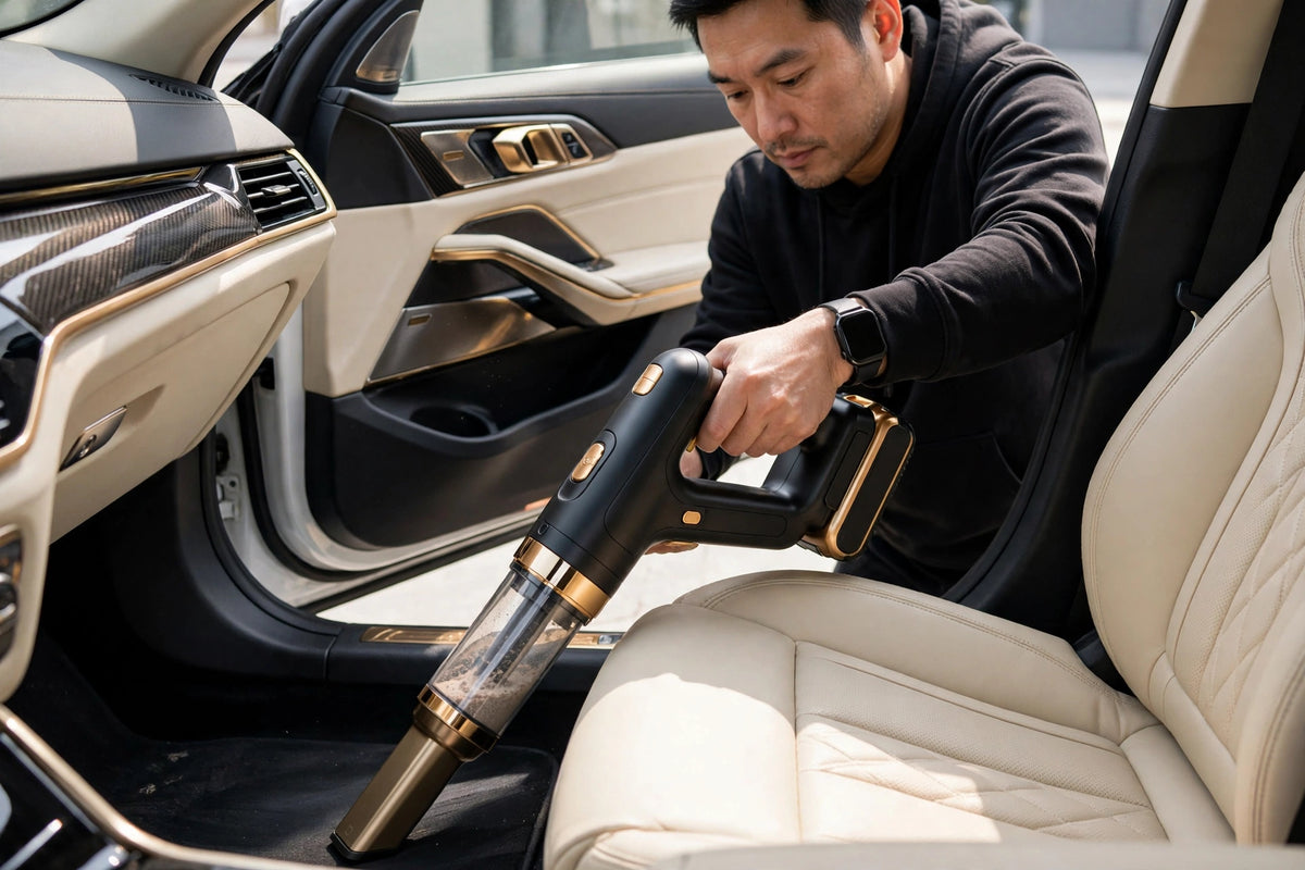 Homme aspirant l'intérieur de sa voiture avec le mini aspirateur