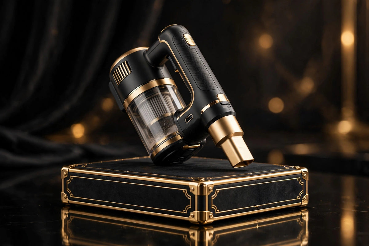 Mini Aspirateur Portable DULUXE noir et doré sur son coffret premium